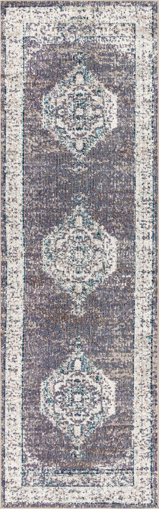 Ankara Vintage Medallion Area Rug, Gray/Ivory, 2x8