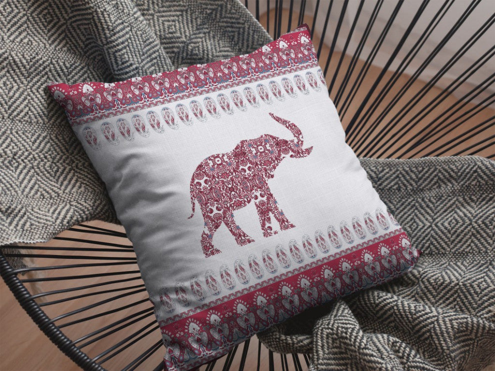 18" Red White Ornate Elephant Suede Throw Pillow