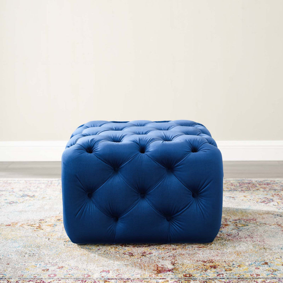 Tufted Accent Chair Ottoman, Square, Velvet, Blue Navy, Modern, Lounge