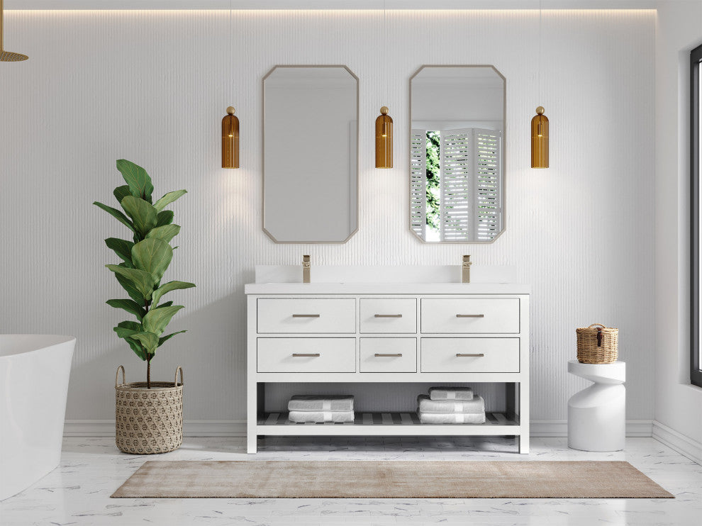 Parker 60 Double Sink Bathroom Vanity in White 2" White Quartz