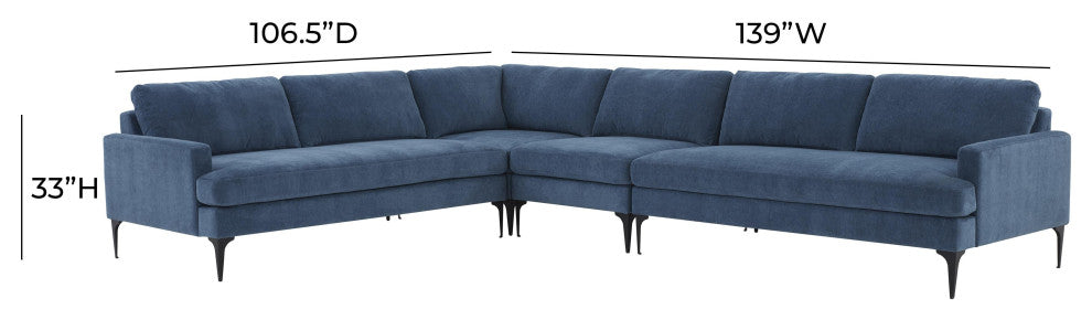 Serena Blue Velvet Large L-Sectional With Black Legs