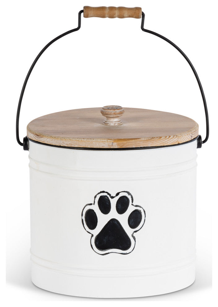 Set of 2, Assorted Metal Pet Storage Buckets, Wooden Lids and Handles