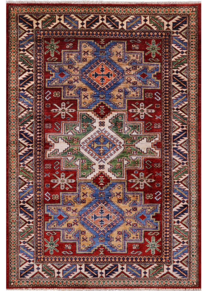 Super Kazak Geometric Handmade Wool Rug 4' 0" X 5' 11" Q10531
