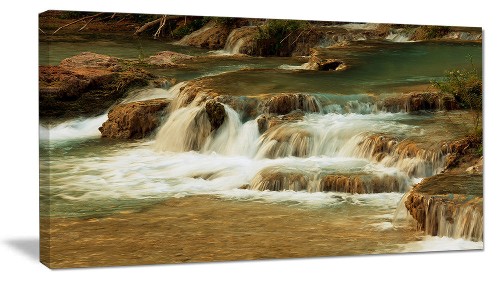 "Waterfall Cascade With White Waters" Modern Landscape Wall Art Canvas, 32"x16"