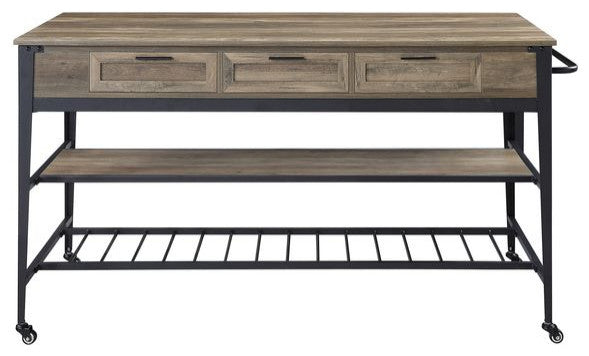 ACME Macaria Kitchen Island, Rustic Oak and Black