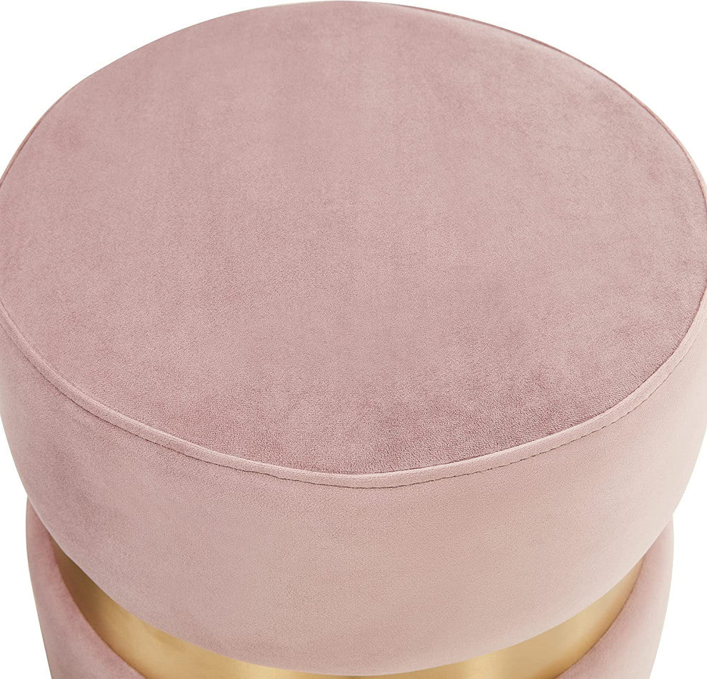 LeisureMod Troy 14.6" Round Velvet Ottoman Pink