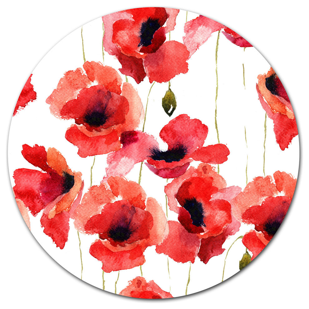 Stylized Poppy Flowers Illustration, Modern Floral Round Wall Art, 36"