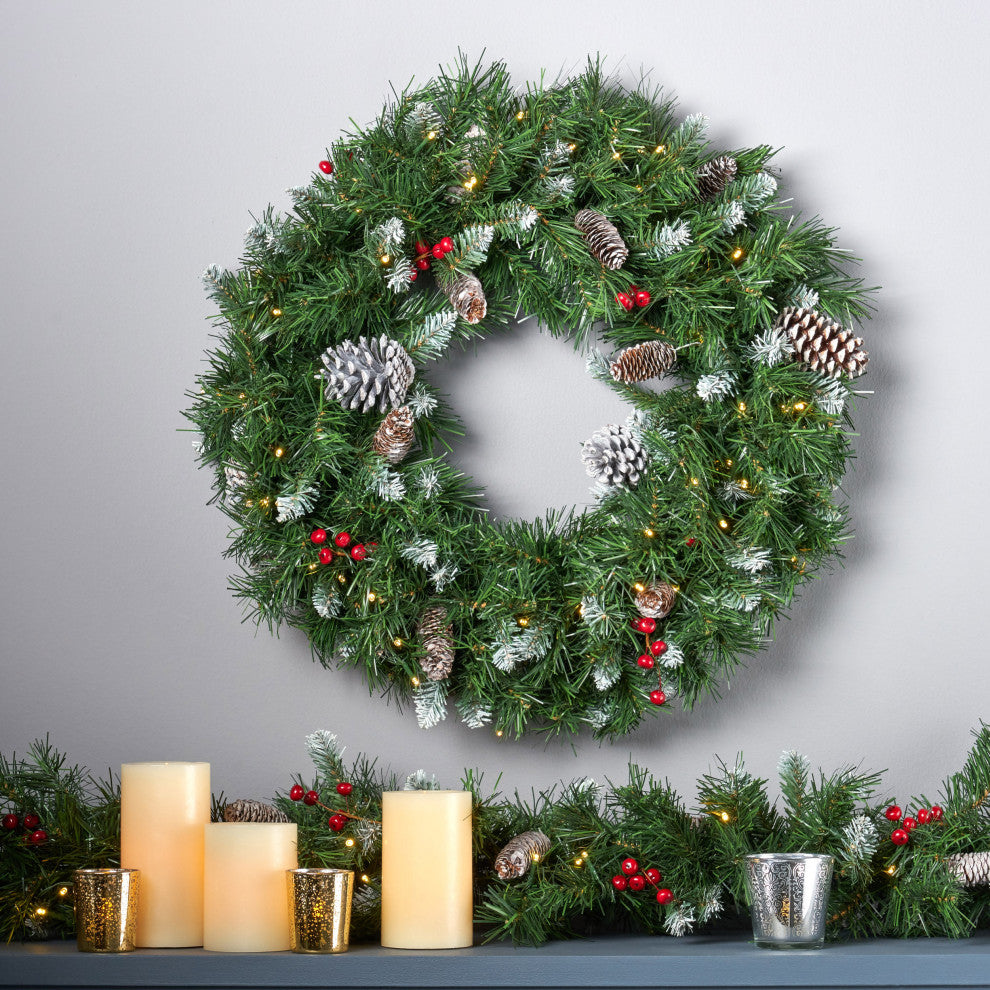 24" Mixed Spruce LED Artificial Christmas Wreath, Green