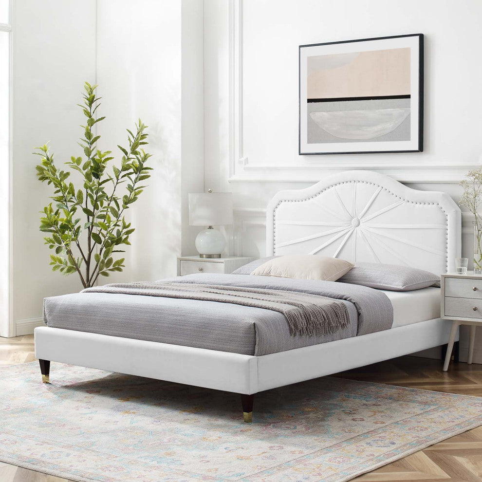 Platform Bed Frame, Queen Size, Velvet, White, Modern Contemporary, Bedroom