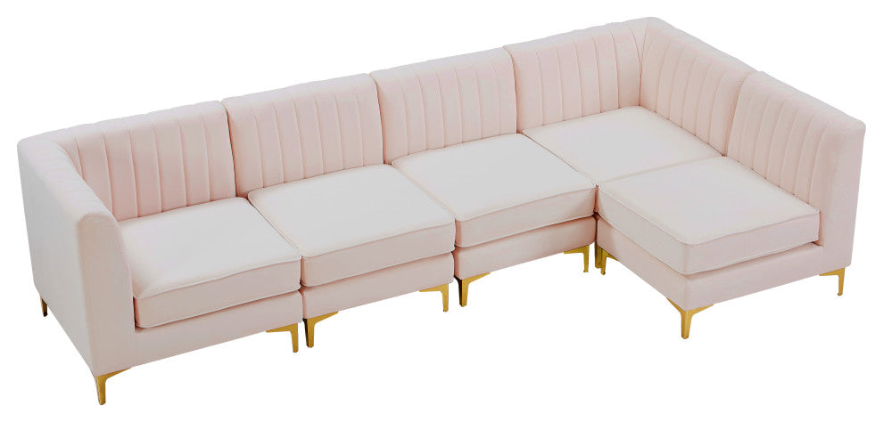 Alina Velvet Modular L-Shaped Modular Sectional, Pink, 5-Piece: 3 Armless Chair, 2 Corner Chair