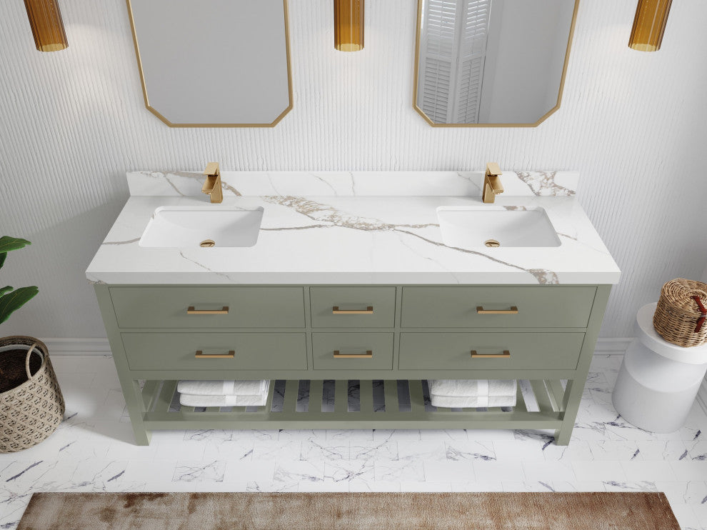 Parker 72" Double Sink Bath Vanity, Evergreen 2" Calacatta Gold