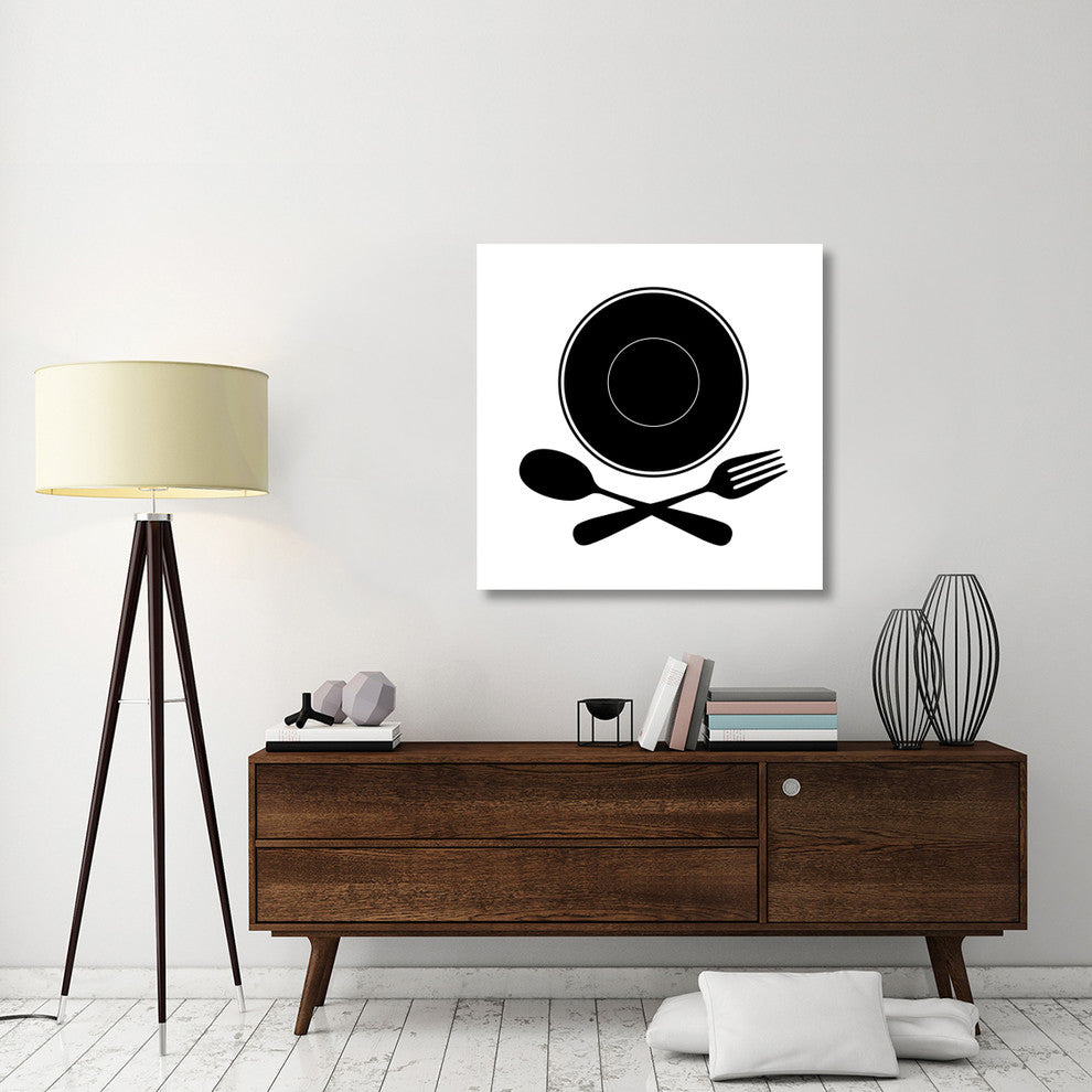 "Mealtime: Black on White - Plate with Crossed Cutlery" Paper Art, 38"x38"