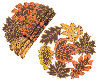Autumn Leaves Embroidered Cutwork 16-Inch Round Placemats, Set of 4,  Brown