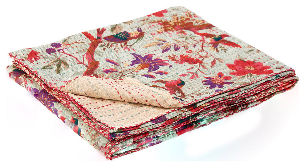 50" X 70" Pink and Ivory Kantha Cotton Floral Throw Blanket with Embroidery