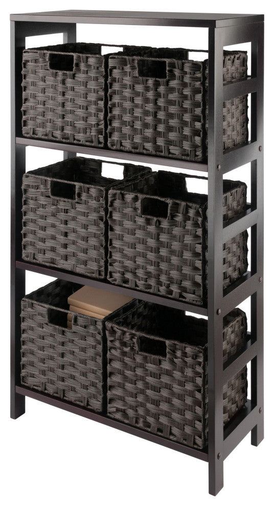 Leo 7-PieceStorage Shelf With 6 Foldable Woven Baskets, Espresso and Chocolate