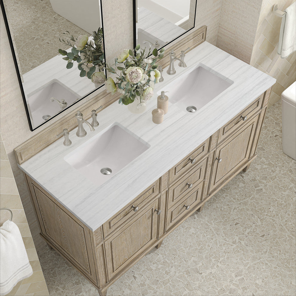 Lorelai 60" Double Vanity, Oak, 3 CM Arctic Fall Solid Surface Top