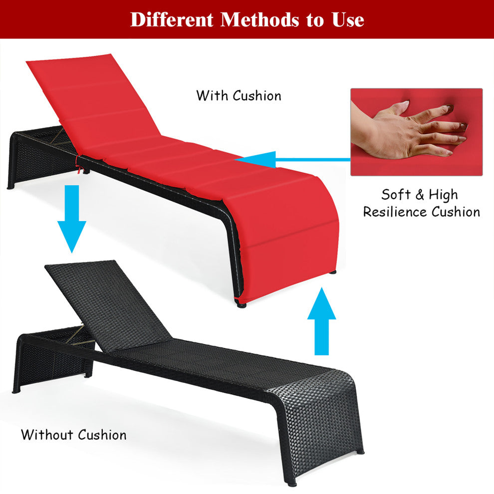 Costway Patio Rattan Lounge Chair Chaise Recliner Back Adjustable Cushioned Red