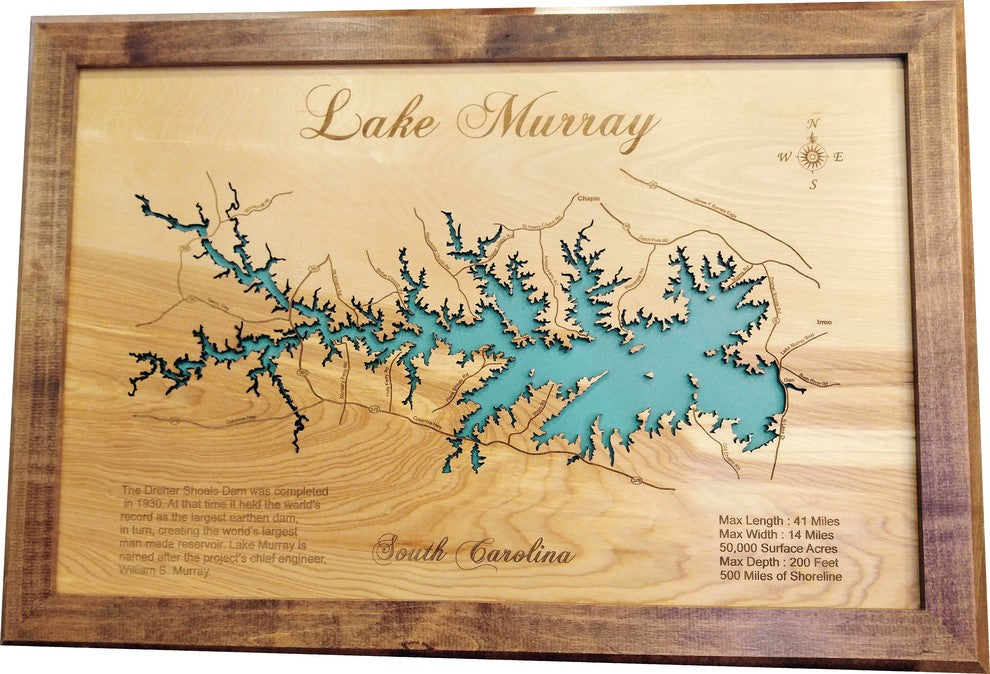 Lake Murray, South Carolina-Wood Lake Map, Medium Framed