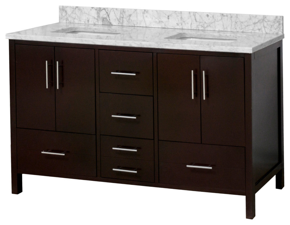 California 60" Bathroom Vanity, Chocolate, Carrara Marble, Double