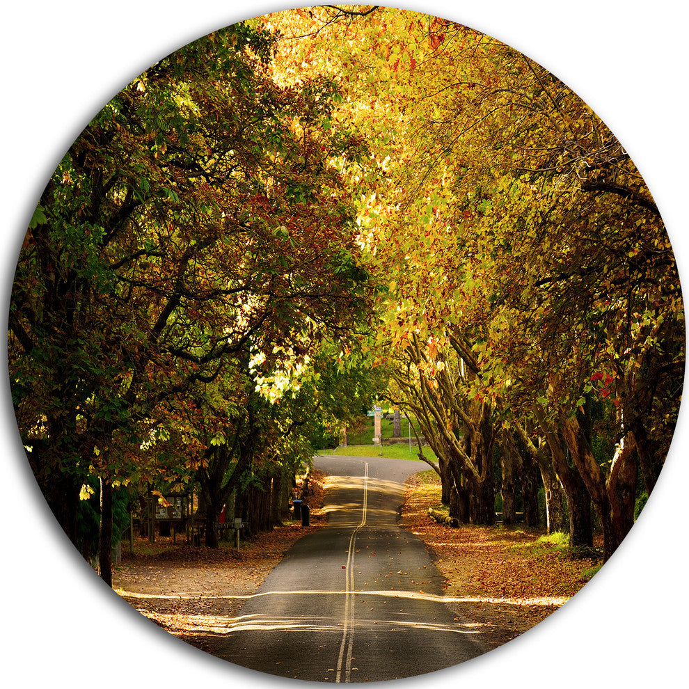 Road Through Beautiful Green Trees, Landscape Round Metal Wall Art, 36"