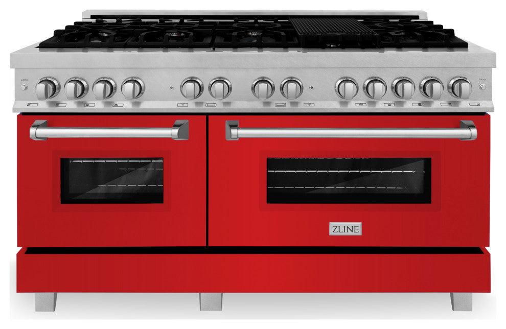 ZLINE 60" Dual Fuel Range, DuraSnow With Red Matte Door RAS-RM-60