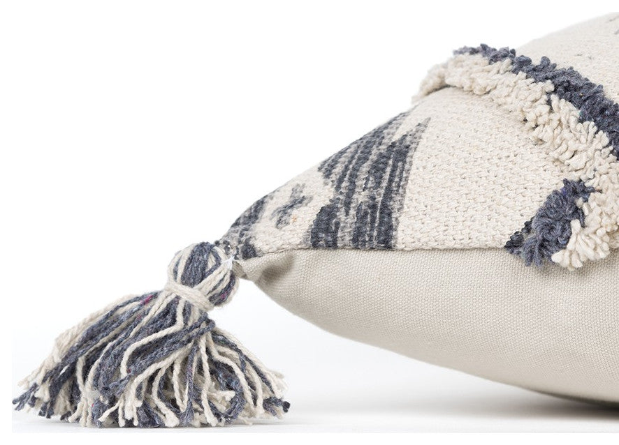 Gray Cream Tasseled Ikat Pattern Throw Pillow