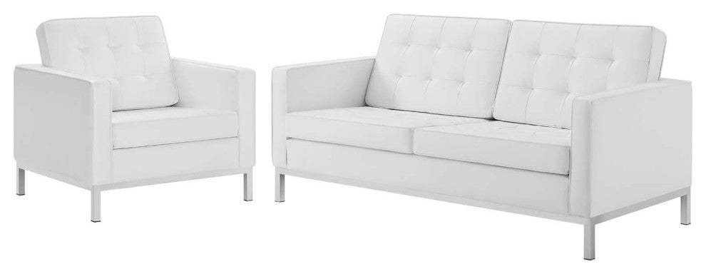 Tufted Armchair and Loveseat Sofa Set, Faux Leather, Silver White, Modern
