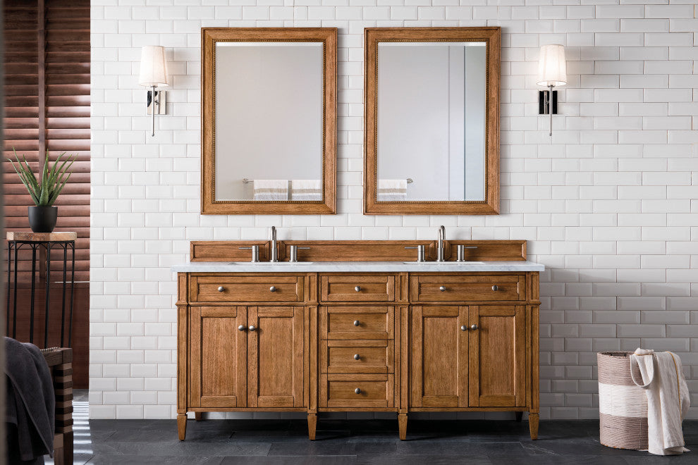Brittany 72" Saddle Brown Double Vanity, Carrara Marble Top