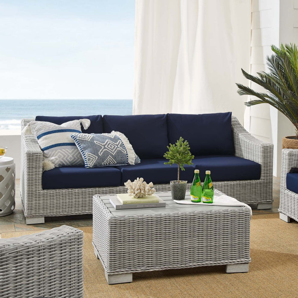Lounge Sofa Chair Table Set, Rattan, Wicker, Gray Blue Navy, Outdoor