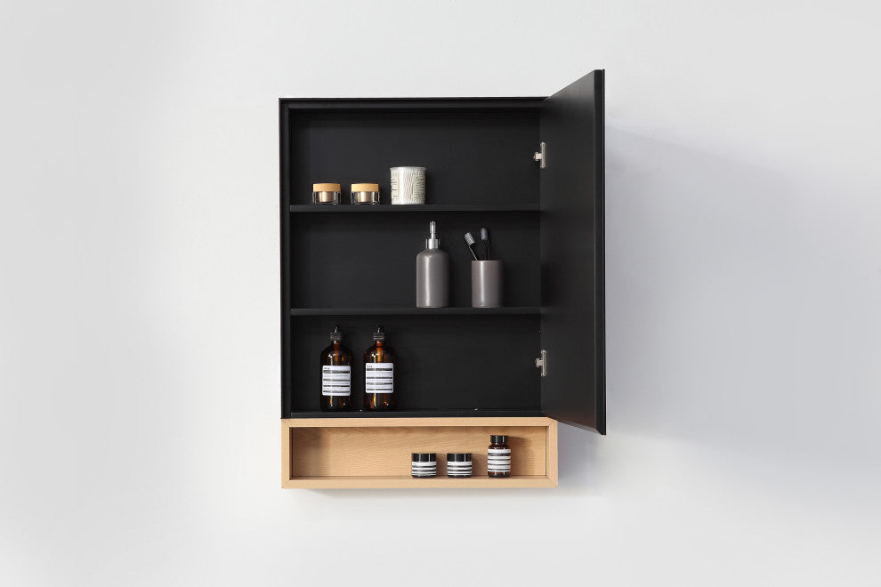 Bergen Modern Medicine Cabinet, Matte Black Frame, Whitewash Shelf, 24"