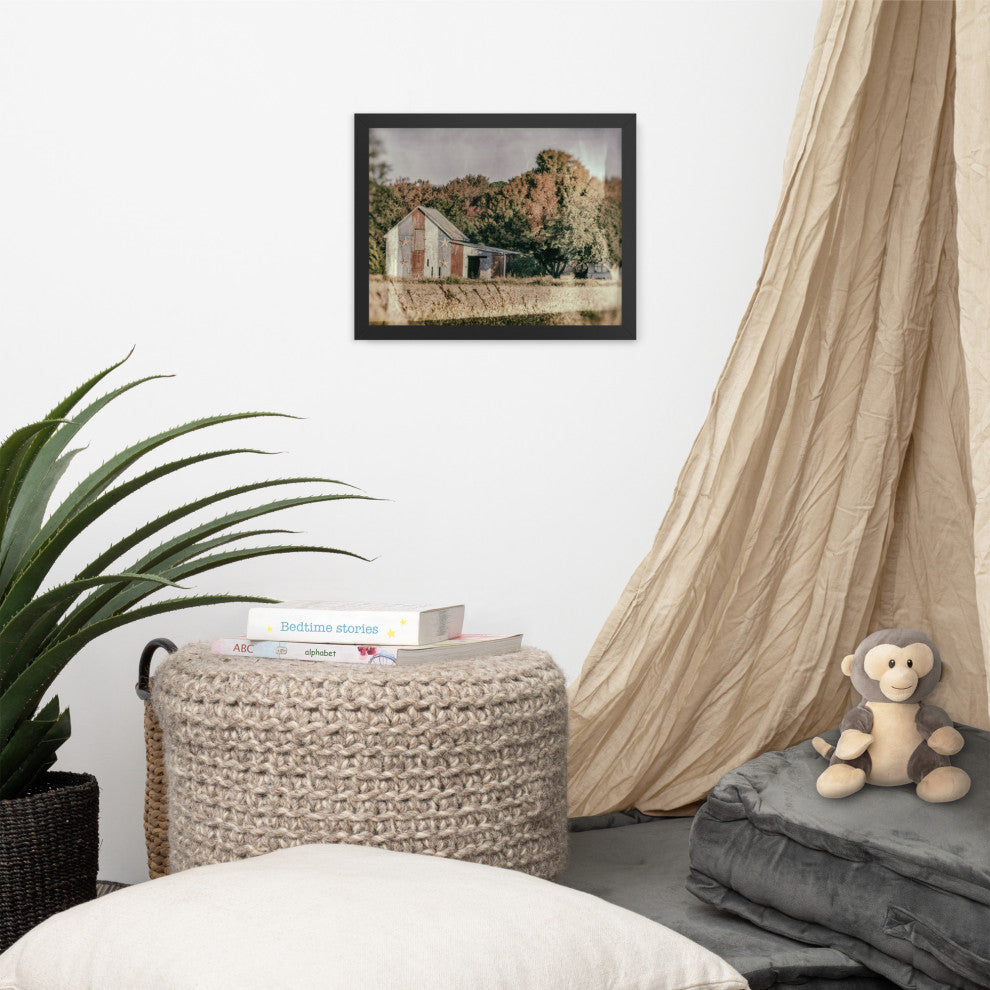 Patriotic Weathered Barn in Field Glass Plate Framed Photo Paper Wall Art Prints, Black, 11" X 14"