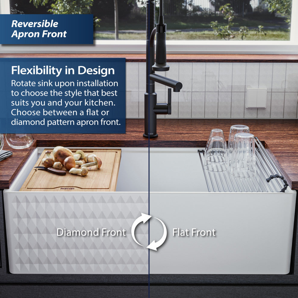 Karran 33 in. Single Bowl Workstation Fireclay Sink with Reversible Apron, White