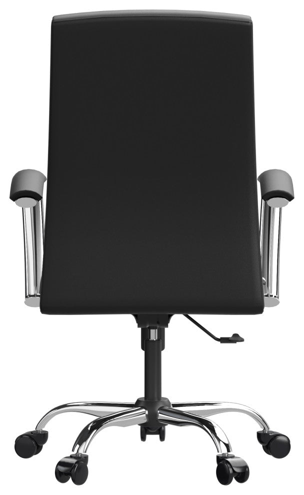 LeisureMod Evander Swivel Office Chair in Leather With Silver Frame, Black
