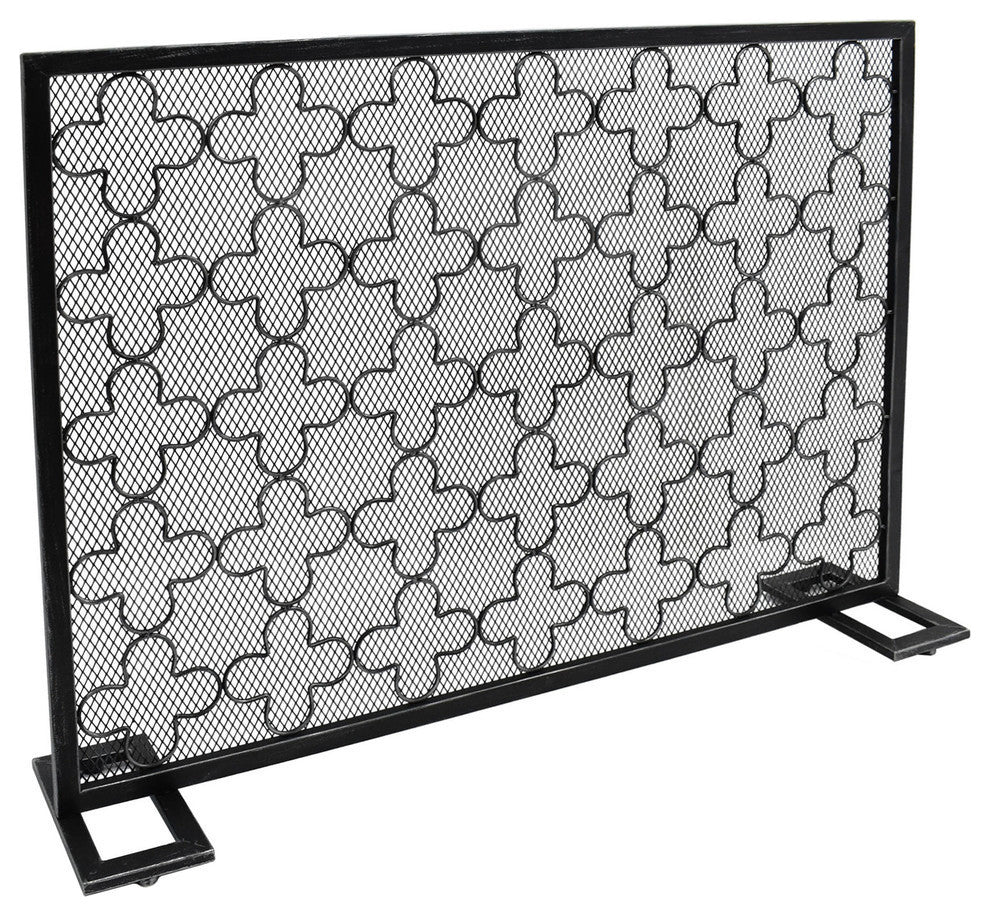 Uriah Modern Single PanelIron Firescreen, Black Brushed Silver Finish