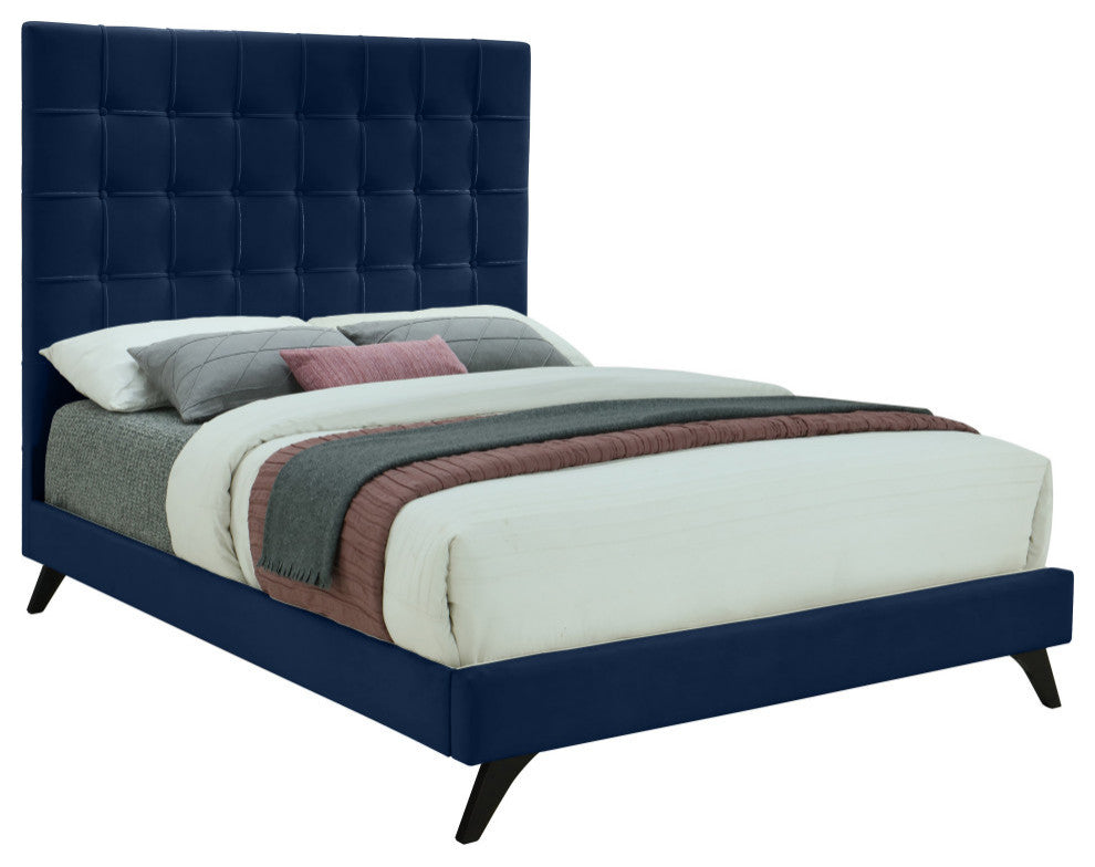 Elly Velvet Upholstered Bed, Navy, Full