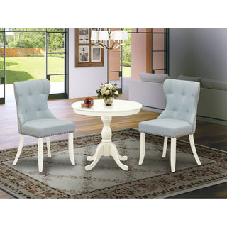 3Pc Dining Set, 1 Pedestal Table, 2 Baby Blue Chairs Back, Linen White