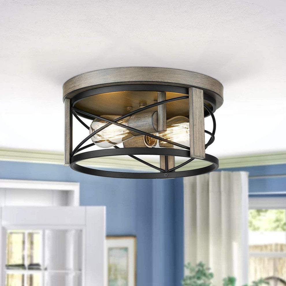2 Light Flush Mount Light Fixture Cage Drum Wood Ceiling Lamp