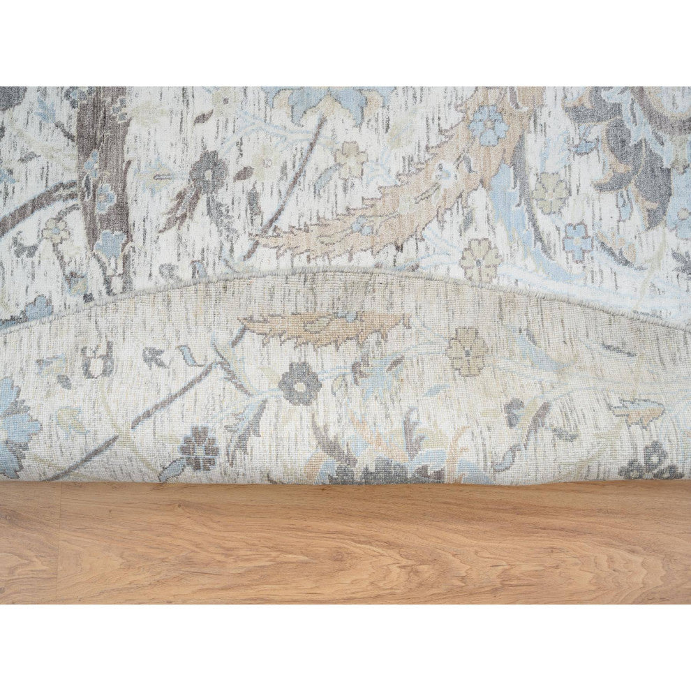 Ivory, Silk With Wool Hand Knotted, Sickle Leaf Design Round Rug, 9'9"x9'9"