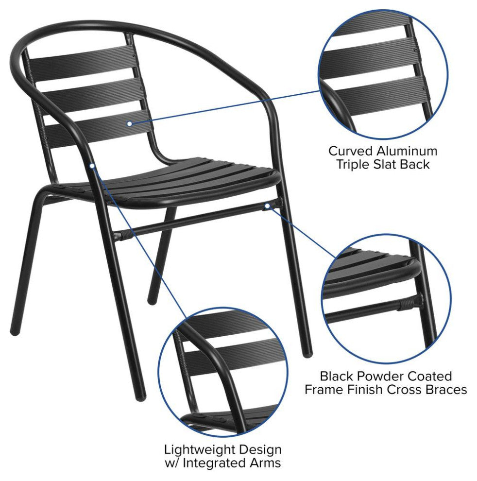 Lila 5 Piece Patio Dining Set 55" Tempered Glass Table 4 Black Stack Chairs
