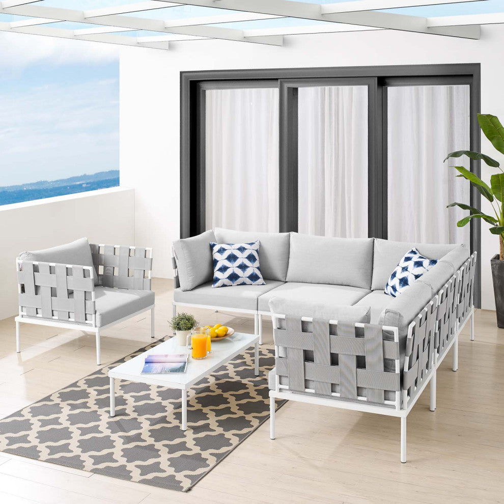 Lounge Sectional Sofa Chair Table Set, Sunbrella, Aluminum, Gray, Outdoor