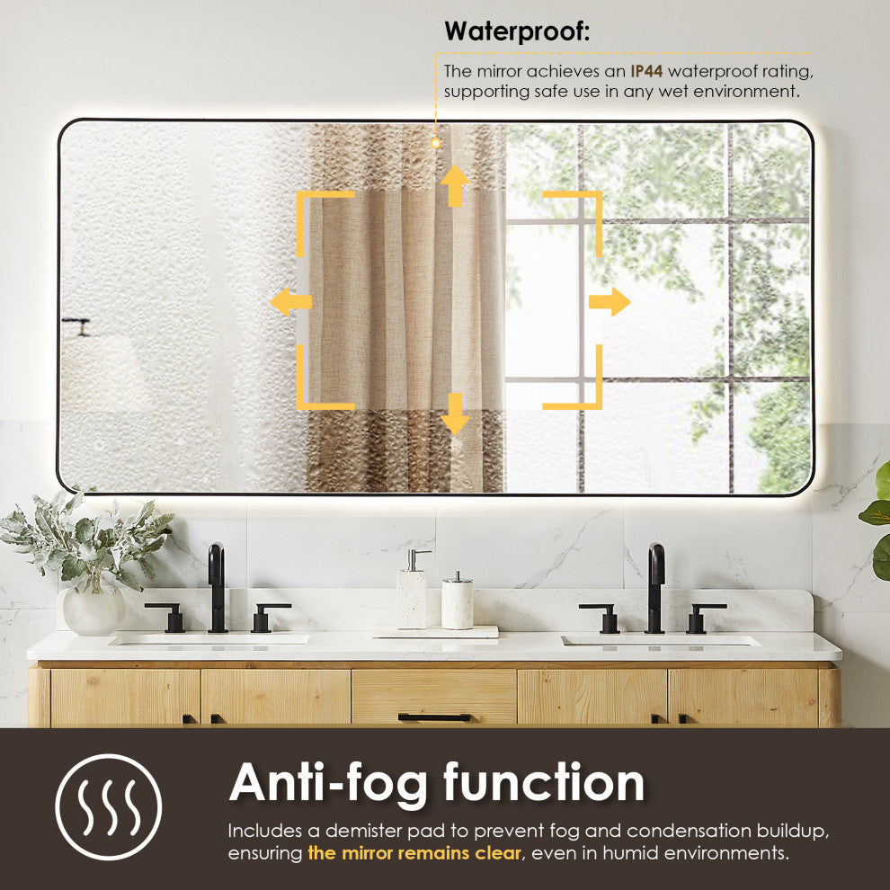 Dazzle Rectangular Bathroom/Vanity LED Lighted Wall Mirror, Matte Black, 72"