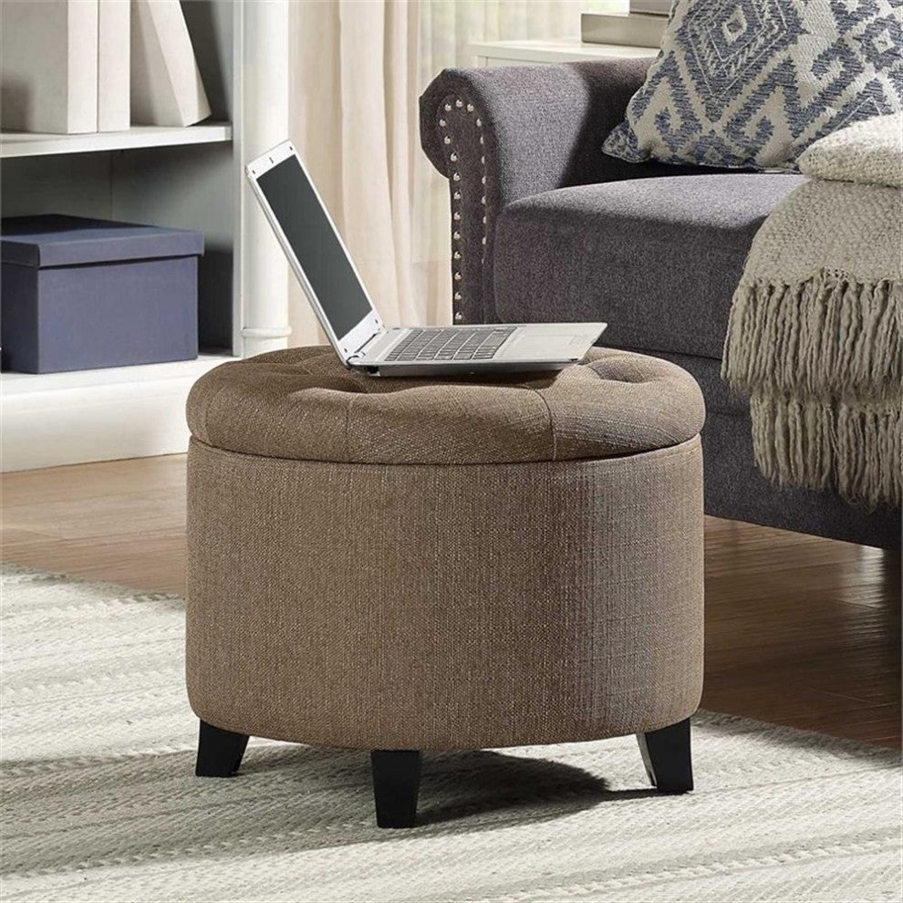 Convenience Concepts Designs4Comfort Round Storage Ottoman in Cappuccino Fabric
