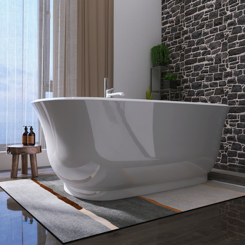 Acrylic Oval Freestanding Flatbottom Soaking Bathtub in Glossy White, 67"31"