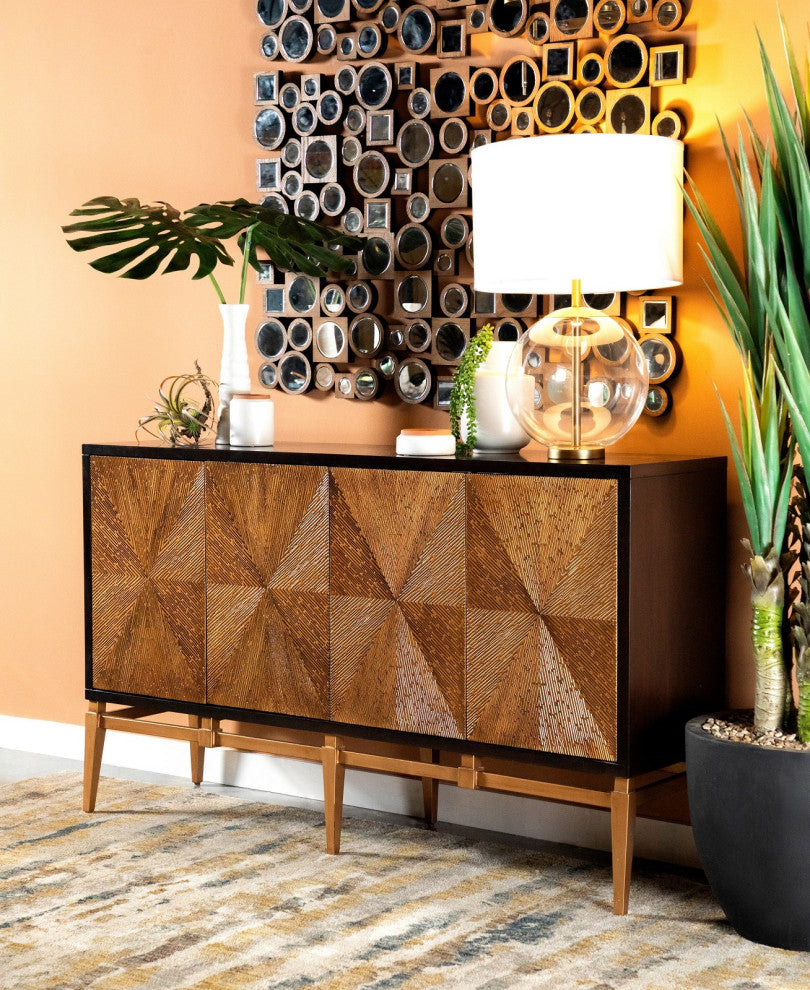 Sunburst 4-Door Accent Cabinet, Brown And Antique Gold