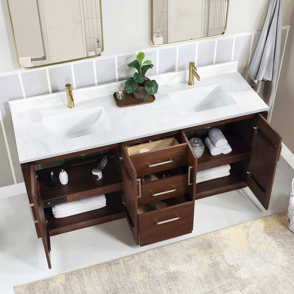 San Bath Vanity with Stone Top, Natural Walnut, 72", Double Vanity, No Mirror