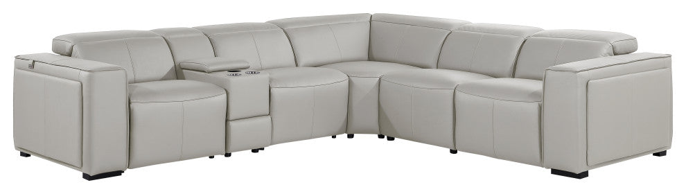 Niccolo Top Grain Italian Leather 6-Piece L-Shaped Power Reclining Sectional, Light Grey