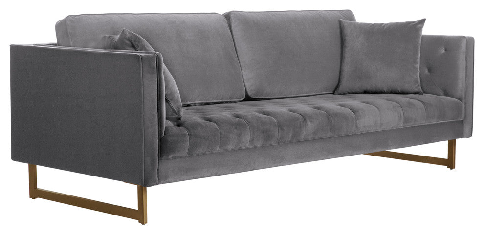 Lenox Velvet Sofa With Brass Legs, Gray