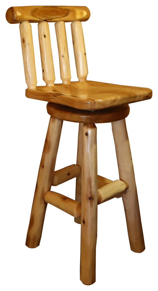 White Cedar Log Swivel Stool With Back, Bar Height