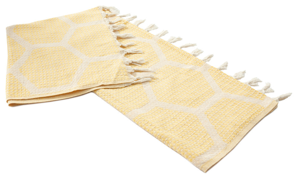 Blue/ Cream Geometric Turkish Organic Cotton Throw Blanket, Yellow