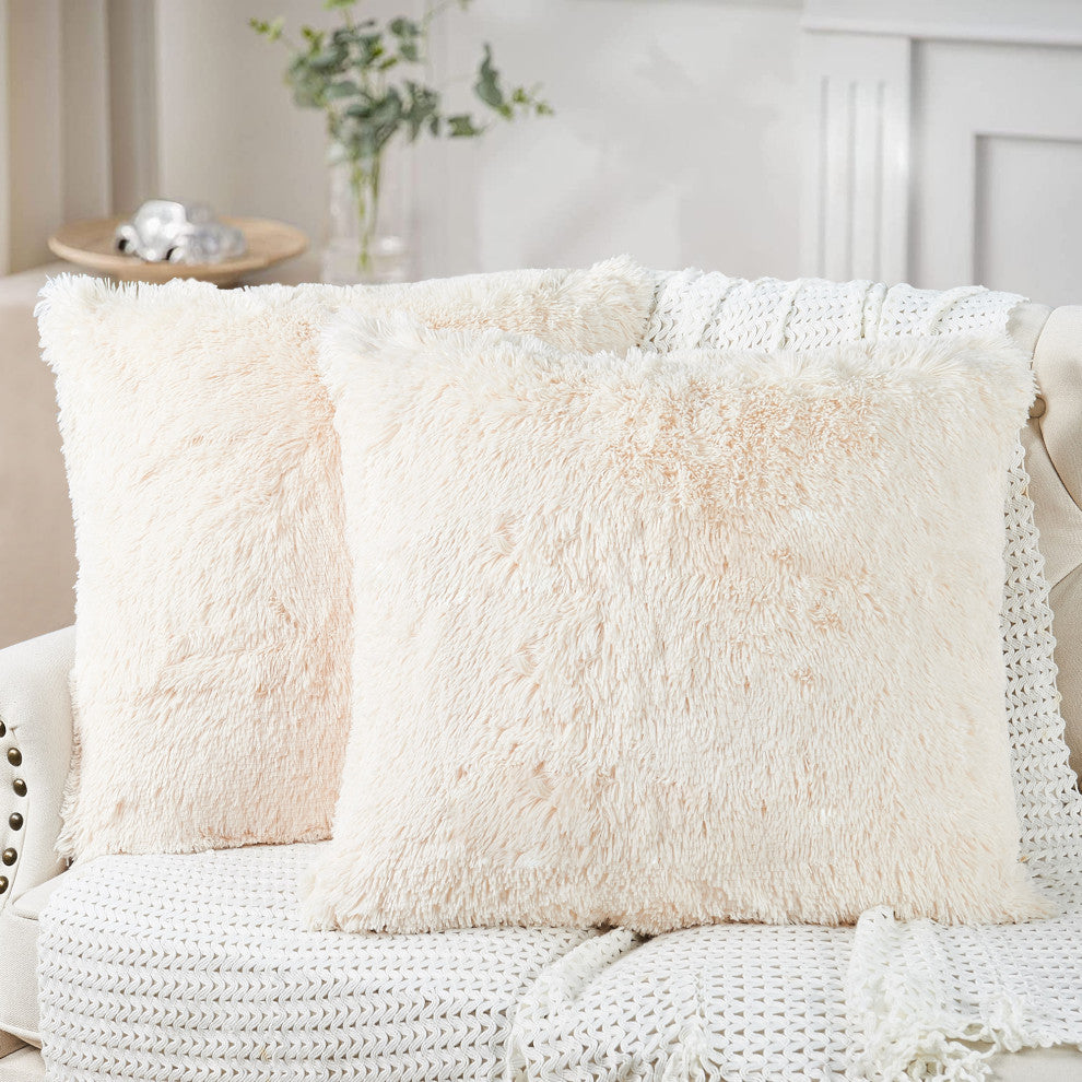 Shaggy Faux Fur Pillow Cover, Ivory, Set of 2, 26"x26"